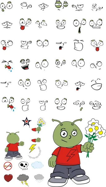 Fleurs petit extraterrestre enfant dessins animés expressions ensemble — Image vectorielle