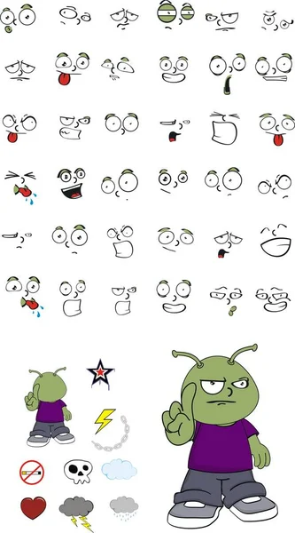 Pequeno alienígena criança desenhos animados expressões set4 —  Vetores de Stock