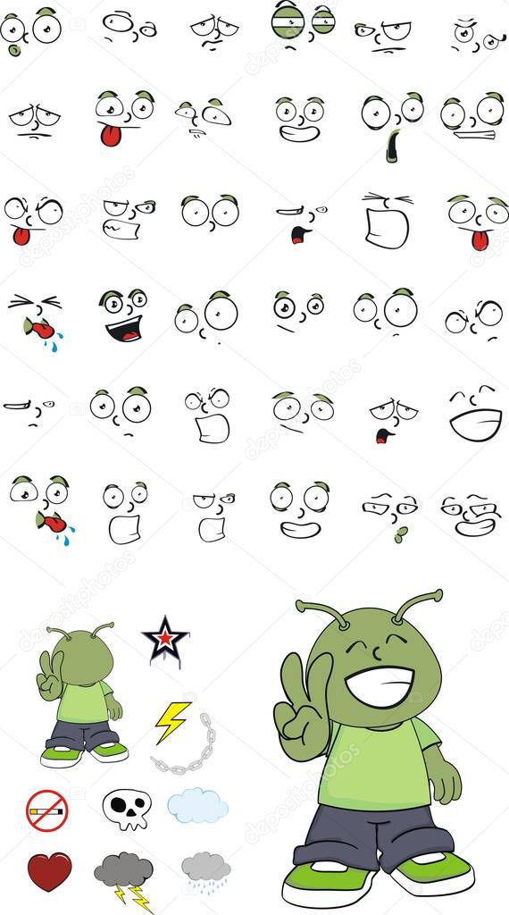 little alien kid cartoon expressions set1