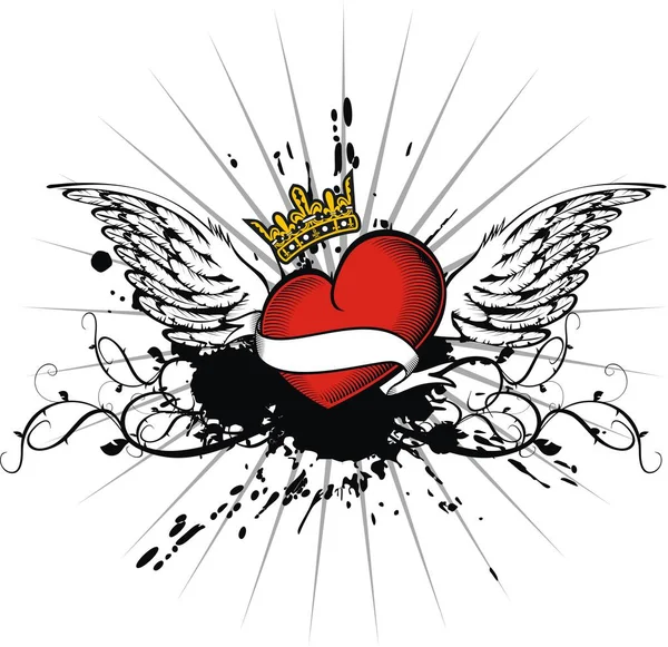 Kroon rode gevleugelde hart heraldische tattoo — Stockvector