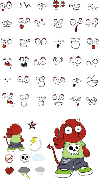 Funny cute little demon kid cartoon expressions set6 — Stock Vector