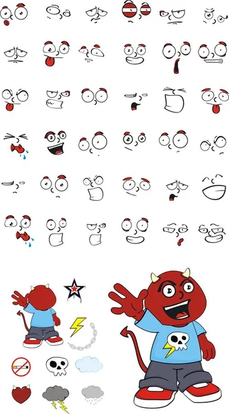 Divertido lindo pequeño demonio niño dibujos animados expresiones set9 — Vector de stock