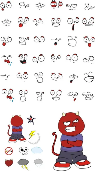 Divertido lindo pequeño demonio niño dibujos animados expresiones set12 — Archivo Imágenes Vectoriales