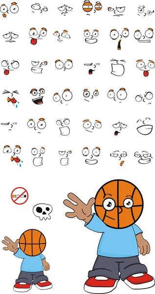 Cute funny basketball head kid cartoon expressions set9 — Stock Vector