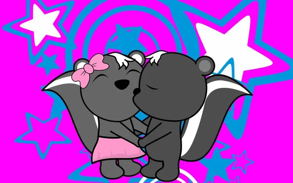 Cinta manis bayi laki-laki dan perempuan mencium latar belakang kartun sigung - Stok Vektor