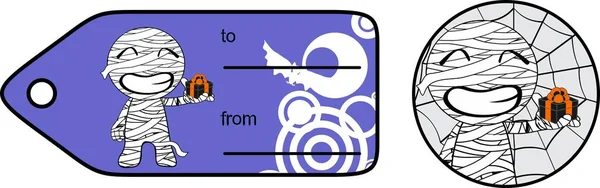 Regalo gordito pequeña momia dibujos animados regalo tarjeta adhesiva expresión conjunto — Vector de stock