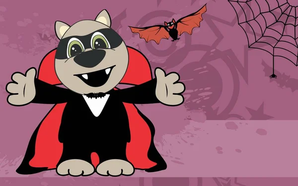 Mignon petit raton laveur étreinte dracula costume Halloween backgorund — Image vectorielle