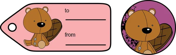 Cute baby plush beaver cartoon giftcard sticker — Stock Vector