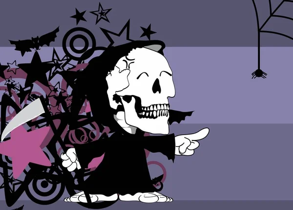 Rolig liten rund grim skalle skelett tecknad halloween bakgrund — Stock vektor