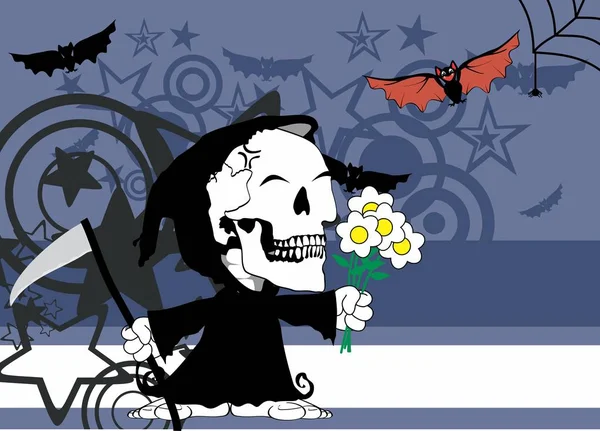 Blumen kleine mollige grimmige Schädel Skelett Karikatur halloween Hintergrund — Stockvektor