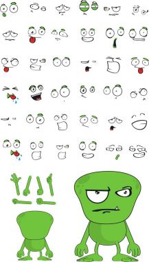 Yeşil komik canavar karikatür ifadeler kümesi