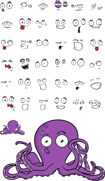 Divertido pulpo dibujos animados expresiones conjunto — Vector de stock