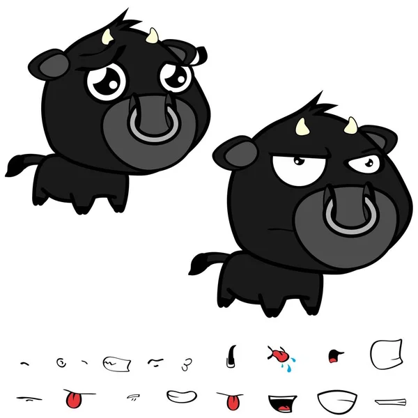 Lindo poco grande cabeza negro toro expresiones conjunto — Vector de stock