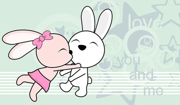 Cinta manis bayi laki-laki dan perempuan mencium latar belakang kartun kelinci - Stok Vektor