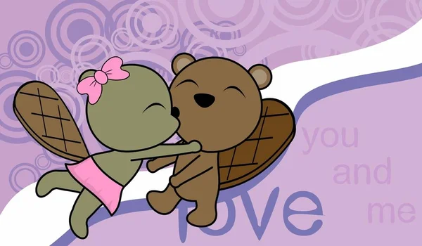 Manis cinta bayi laki-laki dan gadis mencium beaver kartun latar belakang - Stok Vektor