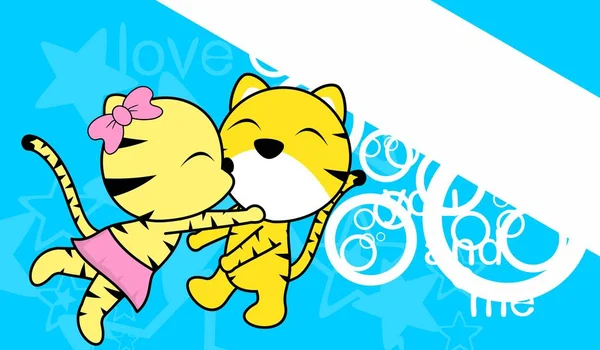 Dulce amor bebé niño y chica besar tigre dibujos animados fondo — Archivo Imágenes Vectoriales