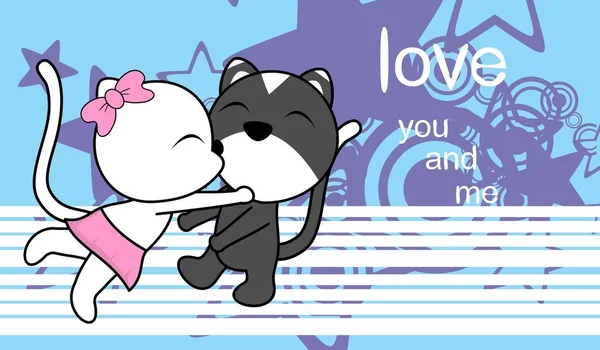 Doce amor bebê menino e menina beijar gato desenho animado fundo — Vetor de Stock