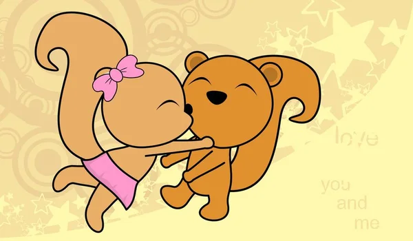 Zoete liefde babyjongen en meisje kussen eekhoorn cartoon achtergrond — Stockvector