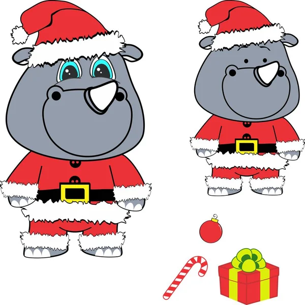 Navidad bebé rinoceronte dibujos animados santa claus traje conjunto — Archivo Imágenes Vectoriales