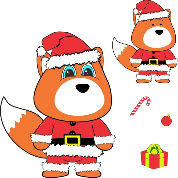 Navidad bebé zorro dibujos animados Santa Claus traje conjunto — Archivo Imágenes Vectoriales