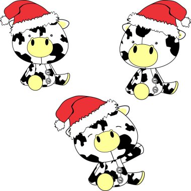 Xmas oturup bebek inek çizgi film Noel Baba şapkası set Vektör formatında 