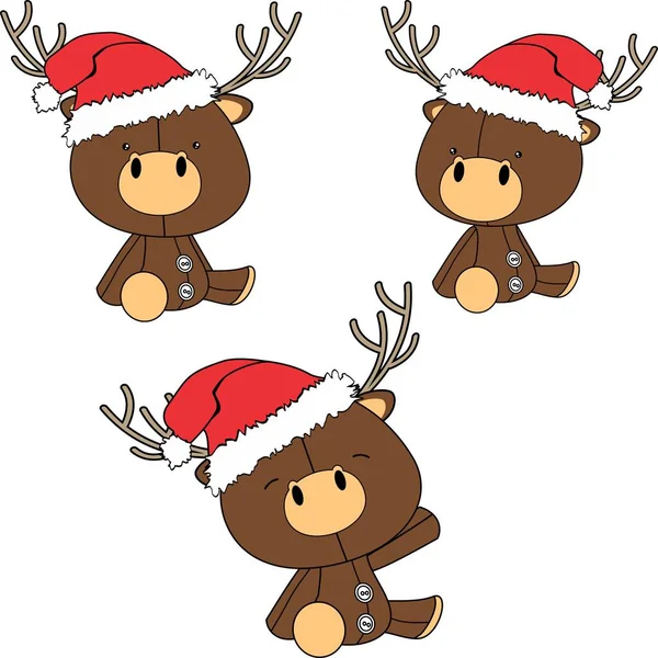 Xmas Sit Baby Deer Cartoon Santa Claus Hat Set Vector — Stock Vector