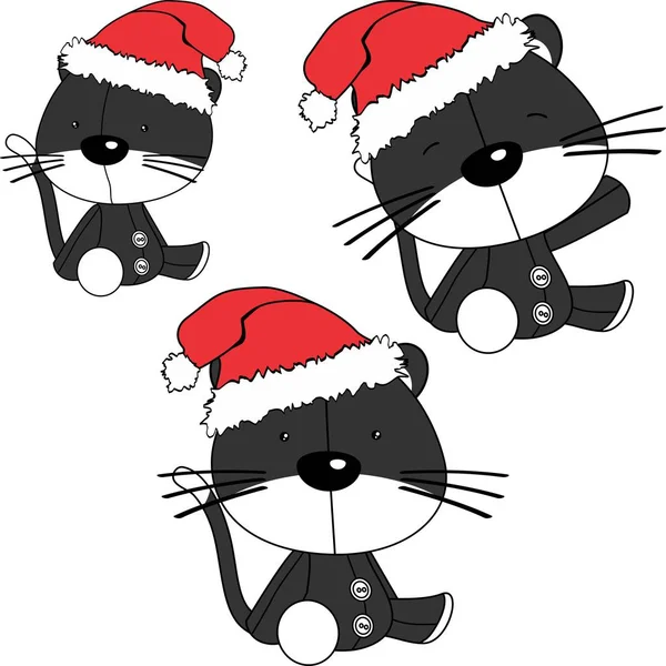 Xmas Sit Baby Cat Cartoon Jultomten Hatt Set Vektorformat — Stock vektor