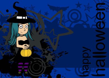 Cadılar bayramı arkaplanı ve güzel cadı kawaii çizgi filmi