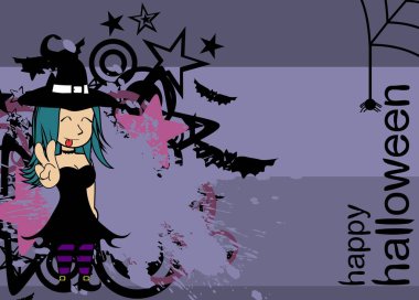 Cadılar bayramı arkaplanı ve güzel cadı kawaii çizgi filmi
