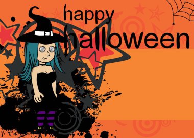 Cadılar bayramı arkaplanı ve güzel cadı kawaii çizgi filmi