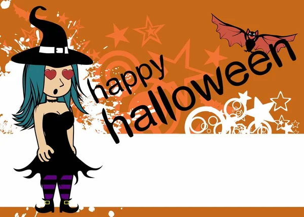 Fondo Halloween Con Dibujos Animados Bastante Bruja Kawaii — Archivo Imágenes Vectoriales