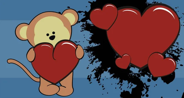 Γλυκό Μαϊμού Kawaii Κινουμένων Σχεδίων Που Κατέχουν Valentine Καρδιά Μορφή — Διανυσματικό Αρχείο