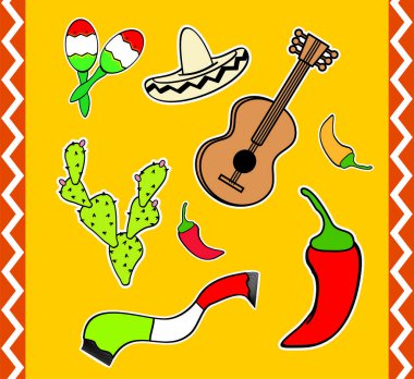 Geleneksel Meksika elementleri vektör biçiminde çizgi film koleksiyonu 