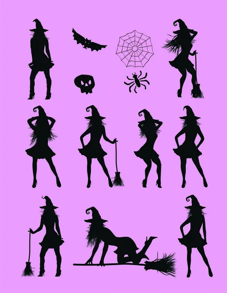 Witch Girl Silhouette Halloween Set Collection — Vector de stock