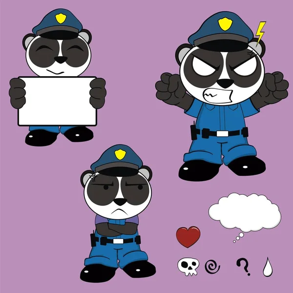Divertente Panda Orso Cartone Animato Con Polizia Uomo Custode Insieme — Vettoriale Stock