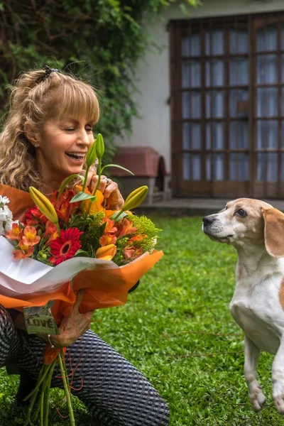 Bir evin bahçesinde oturan, elinde bir buket çiçekle bir av köpeğiyle oynayan sarışın bir kadının dikey fotoğrafı.