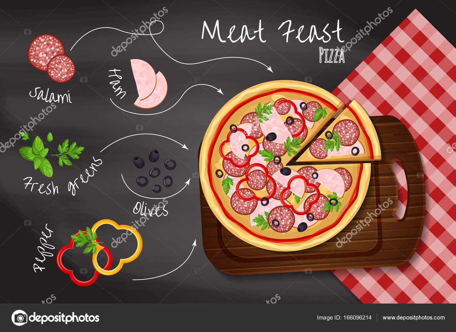 Pizza Meat Feast Chalkboard Background Ingredients Pizza Pepper Ham