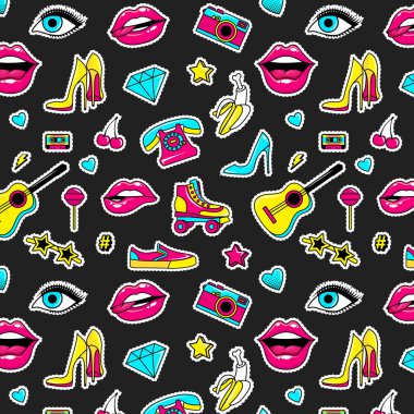 Etiketleri ve düzeltme ekleri ile karikatür 80s 90s çizgi roman tarzı vektör kümesi.