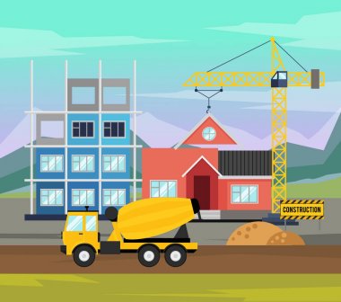 İnşaat ekipmanları ile Evleri inşaatı vektör Illustration arka planda. Konut Evleri inşaatı işlemidir. Vektör çizim