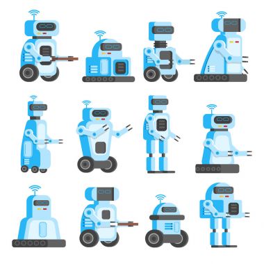 Dizi modern robotlar, yurtiçi yardımcıları, yapay zeka, yüksek teknoloji ve yenilik ürün. Modern bir dik tasarım vektör çizim.