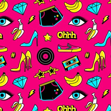 Etiketleri ve düzeltme ekleri ile karikatür 80s 90s çizgi roman tarzı vektör kümesi.