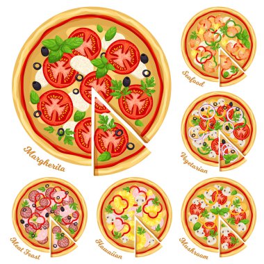 Pizza üstten görünüm farklı malzemelerle ayarla. İtalyan tüm pizza dilimleri ile: Margarita, deniz ürünleri, vejetaryen, mantar, Hawaii ve et Bayramı. Beyaz arka plan üzerinde izole vektör çizim