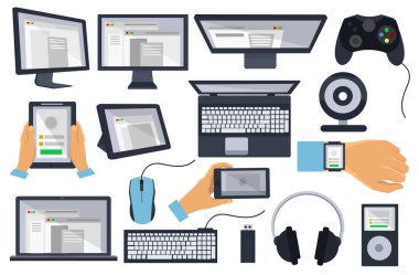 Dizi düz tasarım simgesi araçlar, elektronik cihazlar, cep telefonu iletişim. Elinde becerikli alet. Tasarım öğeleri iş, Web sitesi tasarım app, promosyon malzemeleri, afiş için.