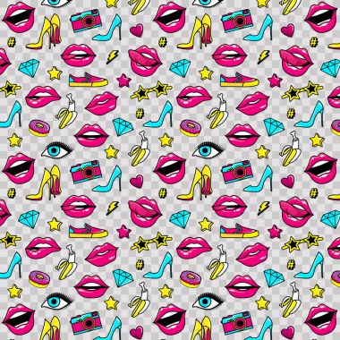 Etiketleri ve düzeltme ekleri ile karikatür 80s 90s çizgi roman tarzı vektör kümesi.