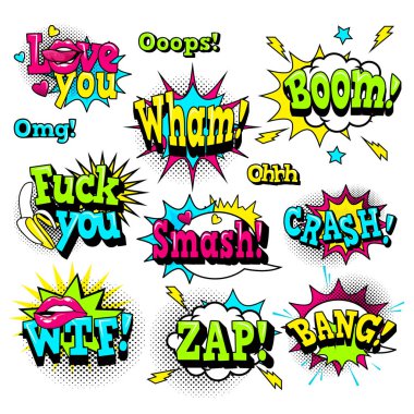 Komik ses efektleri pop sanat vektör tarzı. Pop Art şeffaf bir arka plan parlak çıkartmalar çizgi roman tarzı tarih. Ses kabarcık konuşma ile word ve komik karikatür ifade illüstrasyon geliyor