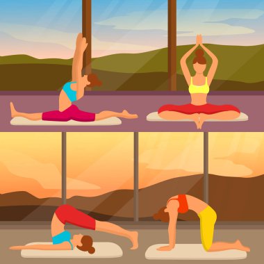 Kadınlar spor salonunda yoga yapıyor.