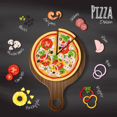 Pizza pizza için malzemeler ile kara tahta zemin üzerine ahşap kesme tahtası üzerinde: biber, yay, domates, karides, jambon, ananas, jambon, yeşillik ve mantar. Vektör çizim