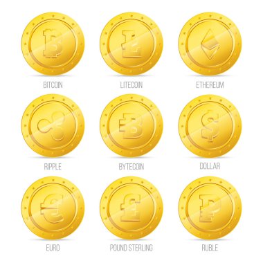 altın sikke simge kümesi. Cryptocurrency: bitcoin, litecoin, ethereum, dalgalanma, bytecoin. Banka notlar Doları, euro, sterlin, Rublesi. Altın dijital Döviz Alım. Uygulamalar ve Web siteleri için ayarla vektör