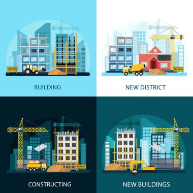 İnşaat İnşaat malzemeleri kümesiyle afiş. Konut Evleri inşaatı işlemidir. Yapı işlemi ve araçları: buldozer, tarak, traktör, Beton mikseri ve vinç İnşaat.