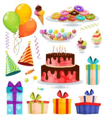 Doğum günü pastası, Balonlar, hediye kutusu, şapka, dondurma, çörek ve çeşitli lolipop ile yama rozetleri. Etiketleri ve yamalar ile karikatür 80-90'lı yılların çizgi roman tarzı parti öğeleri kümesi. Vektör çizim